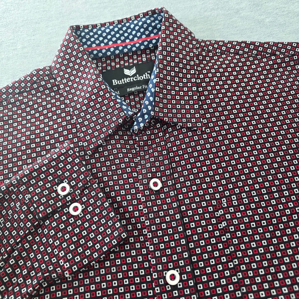 Buttercloth Mens Regular Fit Geometric Square Print Knit Button Down Shirt M